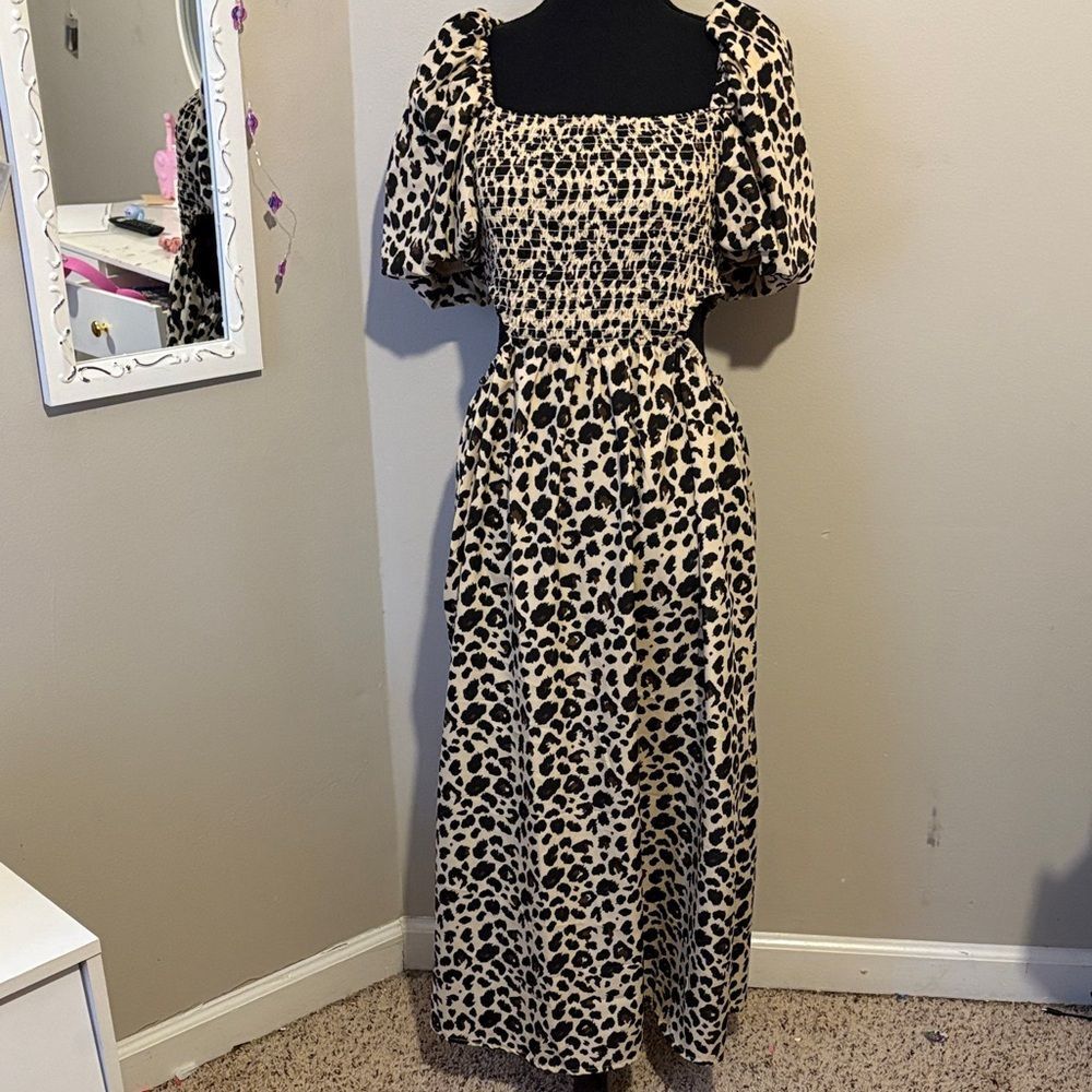 Blush Leopard Print Smocked Maxi Dress - Black & Cream